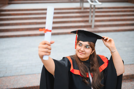 Indian university graduate in cap and gown holding diploma, celebrating education achievement and successの写真素材