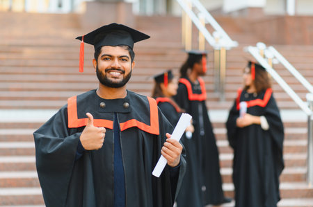 Indian male student holding a diploma, giving thumbs up, celebrating academic success and future career at university campusの写真素材