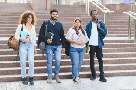 Group of multi ethnic young adult students walking down campus stairs, representing education, friendship, and diversityの写真素材