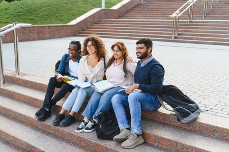 Group of happy multicultural students sitting on university stairs, reading books, and talking on campusの写真素材