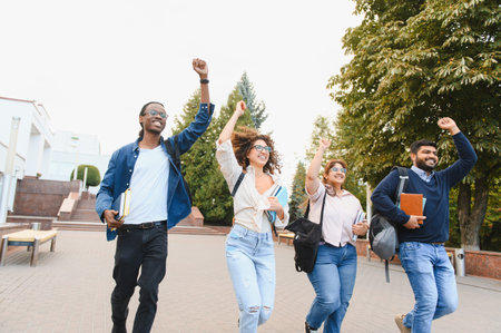 Diverse group of happy university students raising fists in the air, expressing joy and achievement on graduation dayの写真素材