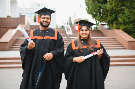 Two smiling Indian graduates wearing caps and gowns, holding diplomas outside a university building, celebrating education and achievementの写真素材