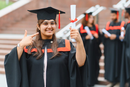 Happy young Indian woman wearing graduation cap and gown, smiling and pointing at diploma, celebrating academic achievementの写真素材