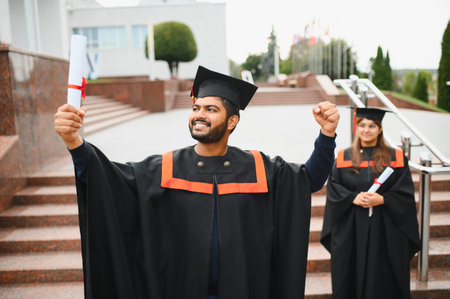 Indian graduate students in caps and gowns celebrating graduation day. Man holding diploma and fist pumping, woman also holding diplomaの写真素材