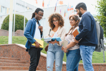 Multiracial group of university students interacting and smiling, carrying books and backpacks, representing learning conceptsの写真素材