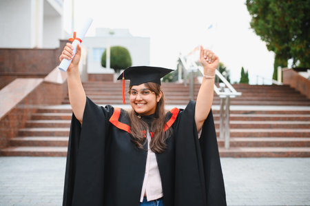 Indian woman student holding diploma, wearing graduation cap and gown, celebrating academic achievement and university educationの写真素材