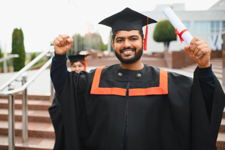 Indian university graduate man smiling, celebrating academic success and holding his diploma. Another student smiles in backgroundの写真素材