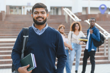 Young Indian man standing in front of university steps with books and a backpack, diverse students in the backgroundの写真素材