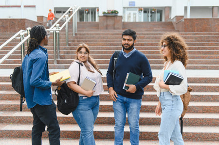 Multicultural group of university students standing and talking outside on campus stairs, carrying books and backpacksの写真素材