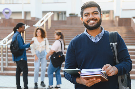 Indian male student smiling, holding books and backpack, standing outside university building with diverse young peopleの写真素材