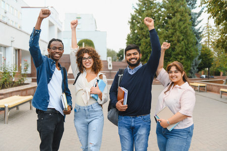 Group of happy multiracial college students raising their fists in celebration, achieving academic triumph and unityの写真素材