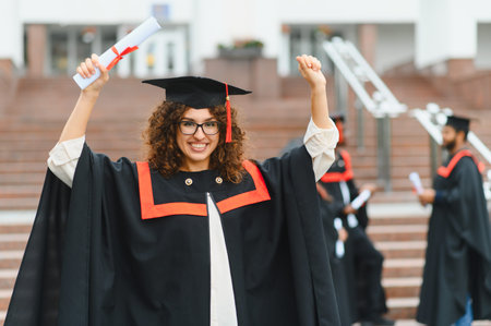 Smiling graduate woman in academic dress holding diploma, celebrating education success and future career on university backgroundの写真素材
