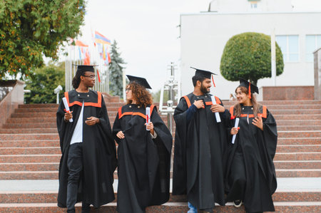 Diverse group of students celebrating graduation, wearing academic gowns and caps, holding diplomas on university campus stairsの写真素材