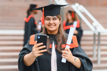 Indian woman in graduation cap and gown holding diploma and smartphone, taking a selfie to celebrate finishing universityの写真素材