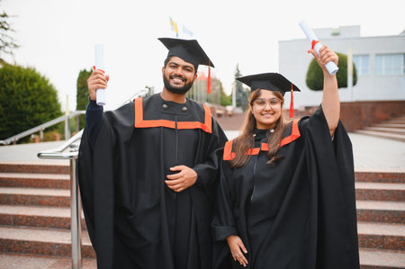 Indian university graduates smiling, celebrating academic success and achievement, holding diplomas. Education and knowledge conceptの写真素材