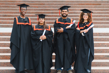 Group of happy multiracial university graduates in academic dress holding scrolls, standing on stairs, celebrating achievementの写真素材
