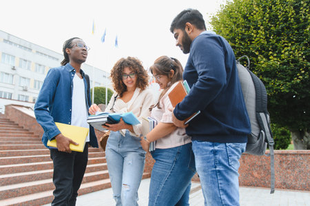 Diverse group of university students standing on campus steps, sharing books and discussing study materialの写真素材
