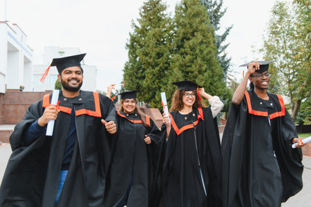 Diverse group of smiling students wearing cap and gown, celebrating successful university graduation day holding diplomas outdoorsの写真素材