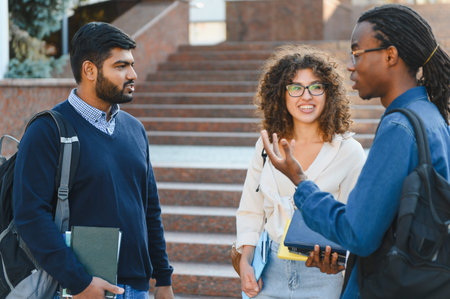 Diverse students discussing academic topics and exchanging ideas during a break on a university campusの写真素材