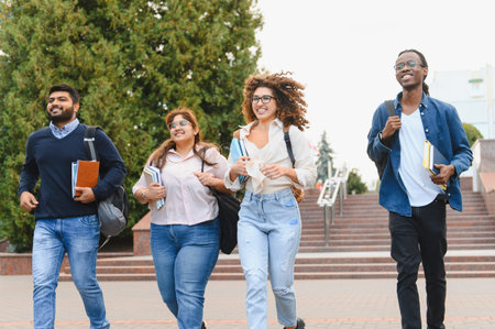 Group of happy young adults, diverse students, walking together on a university campus with backpacks and booksの写真素材