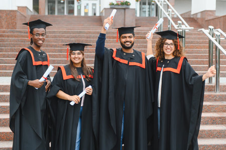 Happy international graduates wearing academic dress and caps, standing on university stairs, celebrating academic achievement with diplomasの写真素材