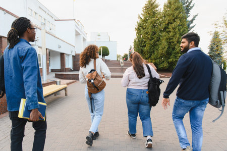 Multi ethnic group of students walking together on a university campus, sharing a moment of education and friendshipの写真素材