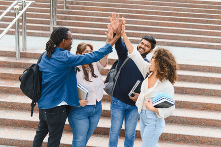 Diverse group of university students high fiving on campus, celebrating teamwork, achievement, and successful educationの写真素材