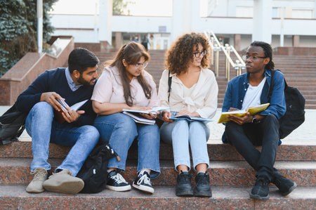 Group of diverse college students sitting on campus steps, reading books and discussing their studies outdoorsの写真素材