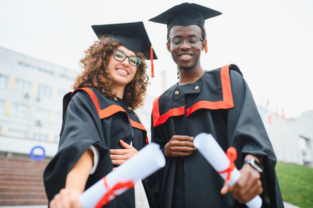 Happy diverse students wearing academic caps and gowns, holding diplomas and celebrating their graduation standing outdoorsの写真素材