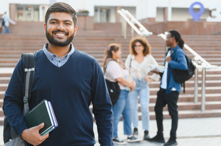 Happy young Indian man holding books and backpack, standing on a college campus with diverse students in backgroundの写真素材