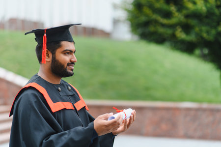 Young Indian male graduate in cap and gown proudly holding diploma outside on campus lawn, symbolizing success and achievementの写真素材