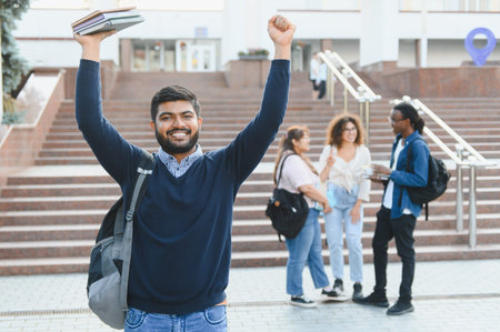 Smiling Indian student raising arms with books, celebrating academic achievement and graduation on university campusの写真素材