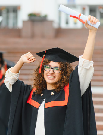 Young woman student proudly celebrating graduation day, holding diploma, wearing cap and gown in front of university buildingの写真素材