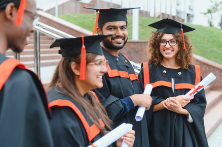 Happy students in academic dresses and caps holding diplomas, celebrating graduation day and educational success outside universityの写真素材