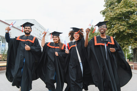 Diverse students in graduation caps and gowns celebrating with diplomas on campus, showing happiness and achievement after studyの写真素材
