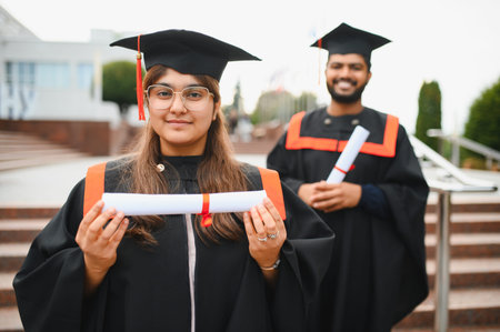 Indian students wearing academic gowns and caps, holding diplomas after completing their university studiesの写真素材