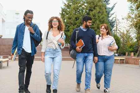 Diverse group of college students walking together on campus, smiling, and carrying books. Representing education, friendship, and diversityの写真素材
