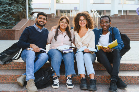 Happy young multi ethnic student group sitting on university stairs, holding books, and smiling at camera. Representing education and friendshipの写真素材