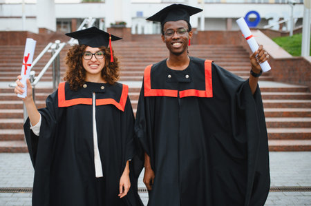 Two diverse university graduates celebrating their achievement, holding diplomas and wearing academic gowns outside the institutionの写真素材