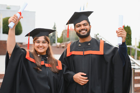 Two smiling Indian university graduates wearing caps and gowns, holding diplomas, standing outside a university buildingの写真素材