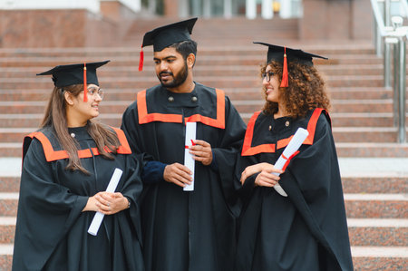 Diverse group of university graduates celebrating their achievement, standing together on campus steps with diplomas, signifying success and educationの写真素材