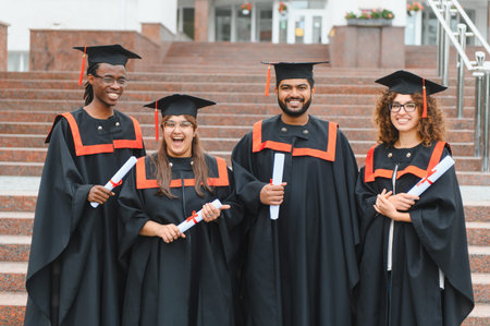 Group of happy diverse university students celebrating graduation, standing on steps, holding their diplomas. Educational success conceptの写真素材