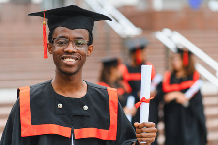 Smiling young man holding a diploma, celebrating academic achievement and university graduation with fellow studentsの写真素材
