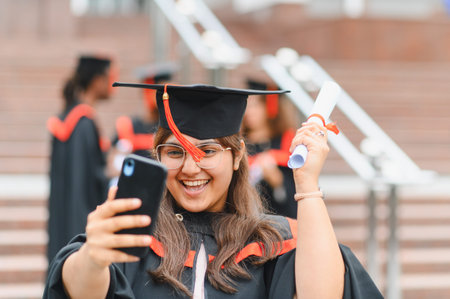 Indian woman student celebrating her university graduation, holding diploma and taking a selfie with a smartphone outdoorsの写真素材