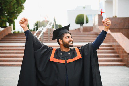 Indian university graduate student celebrating graduation day, holding a diploma, looking happy and successfulの写真素材