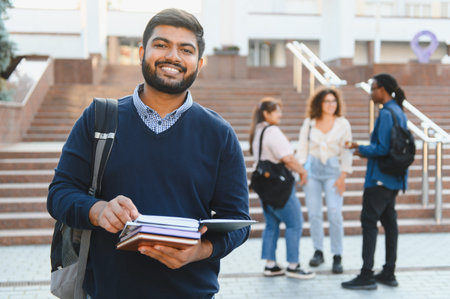 Smiling young Indian man student holding textbooks on university campus, diverse friends in background. Education and learning conceptの写真素材
