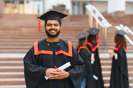 Indian graduate man celebrating academic success, holding a diploma, smiling at his university campus after graduation ceremonyの写真素材