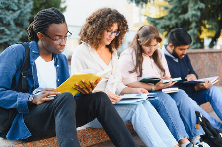 Diverse group of young students sitting outside, reading books and studying together near a university buildingの写真素材
