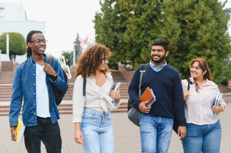 Group of multicultural young adults walking with books and backpacks outdoors, happy to be studying at collegeの写真素材