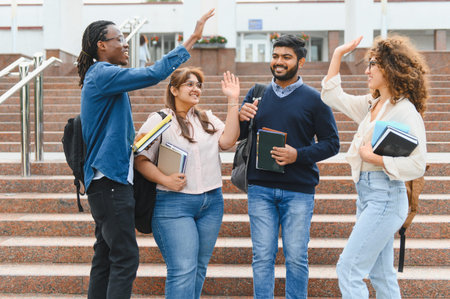 Group of diverse university students giving high fives and smiling, celebrating teamwork and friendship on college campus stairsの写真素材